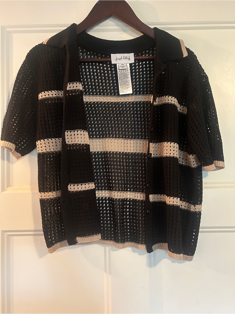 Joseph Ribkoff Black and Cream Open-Knit Button Front Cardigan